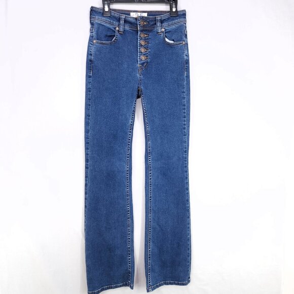 Free People Jeans Womens 25 Blue Denim Bootcut Button Fly Mid Wash - Picture 1 of 13